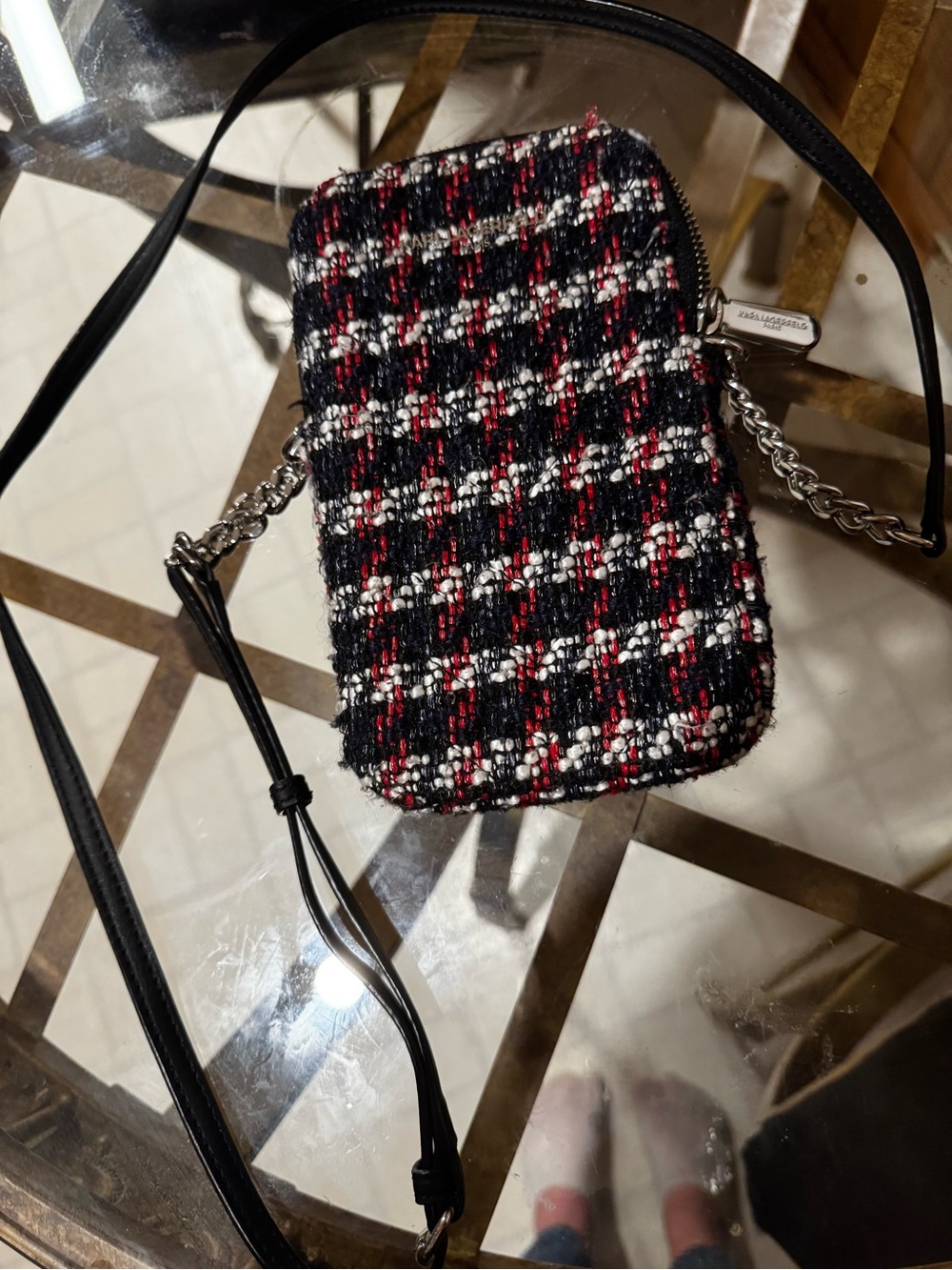 Tweed KARL LAGERFELDCrossbody Bag Chain and Leather Strap - Black Red White